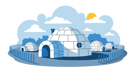 Flat style vector illustration of arctic igloo houses surrounded by snowy landscape. Perfect for winter, travel, education and geography concepts © Amie