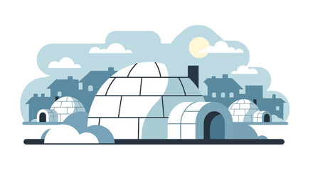 Flat style vector illustration of arctic igloo houses surrounded by snowy landscape. Perfect for winter, travel, education and geography concepts © Amie