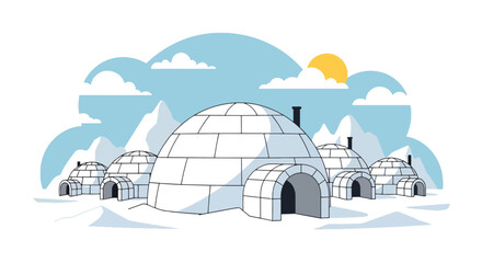 Flat style vector illustration of arctic igloo houses surrounded by snowy landscape. Perfect for winter, travel, education and geography concepts © Amie