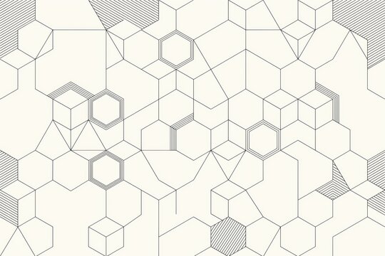 Geometric seamless pattern featuring thin black lines forming interconnected hexagons, cubes, and abstract polygons on a plain white background