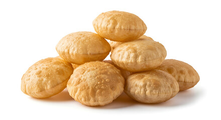 Fototapeta premium A professional studio shot featuring a heap of golden-brown, crispy puffed puris stacked together, isolated on a seamless white background. 