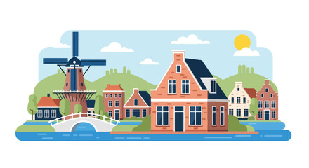 Flat style vector illustration of Dutch countryside houses with canal and windmill scenery. Perfect for travel, Europe and cultural themes © Amie