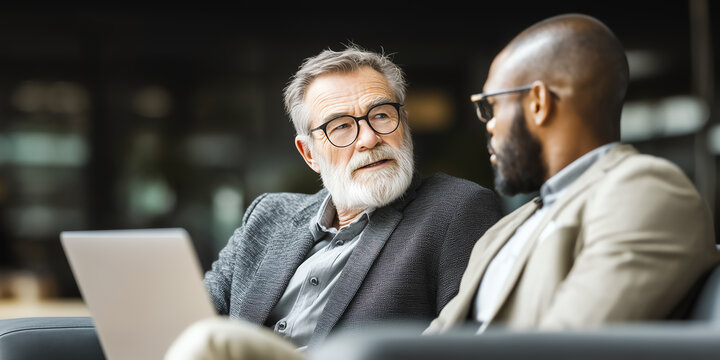 Mature manager discussing project ideas with younger employee in collaborative and innovative workplace environment
