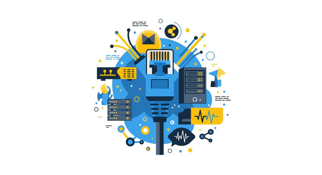 Networking and Internet Connectivity Concept Vector Illustration with Ethernet Cable and Server Icons