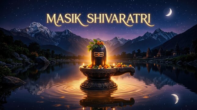 Mystical lake night landscape with a stone shiva lingam altar under crescent moon for masik shivratri celebration