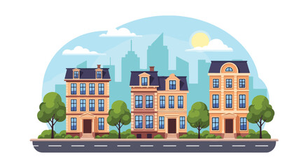 Obraz premium Flat style vector illustration of colorful European classic townhouses with trees and urban skyline background. Perfect for real estate, city living, architecture and housing themes