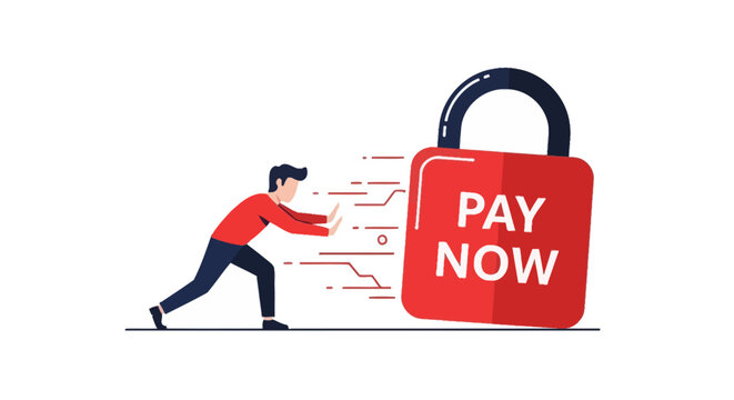 Ransomware Attack Concept with Man Pushing a Large Red Padlock and Pay Now Text. Cyber Security Threat, Digital Extortion, and Online Payment Paywall Illustration.