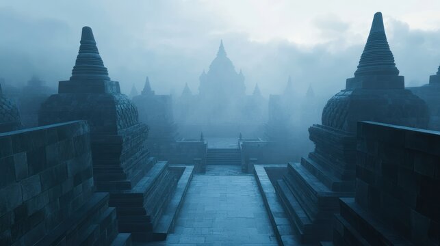 Foggy morning view of ancient stone stupas at Borobudur temple.