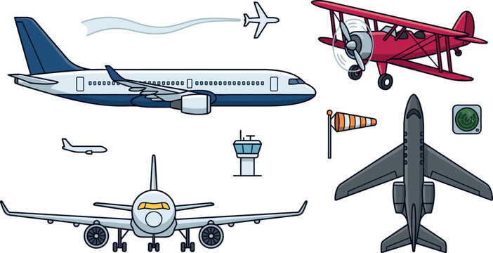 Airplane vector set with commercial airliner passenger jet vintage red biplane private corporate aircraft control tower and airport icons isolated on white background
