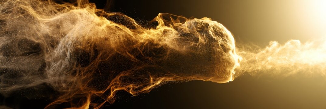 A newborn form appears surrounded by warm golden particles as it takes its first breath. Dark background changes to bright light on one side.