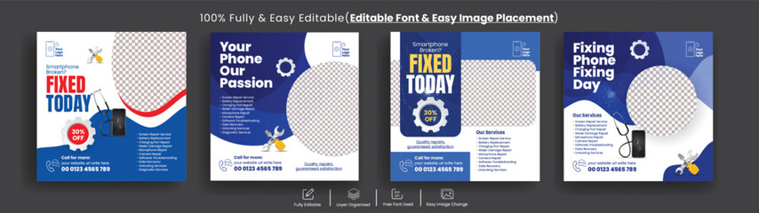 Fototapeta premium Smartphone repair social media post templates bundle featuring modern blue design elements for mobile device technical support and professional maintenance service advertisements template pack