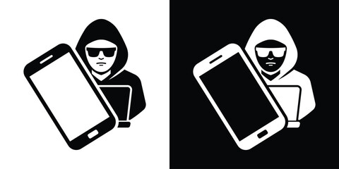 Cyber criminal hacking smartphone database. Hooded hacker character with laptop compromising a mobile phone vector icon. © bibin