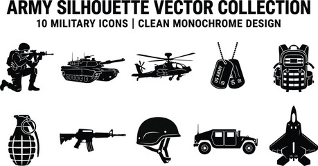 Obraz premium Army silhouette vector collection with ten military icons in clean monochrome design.