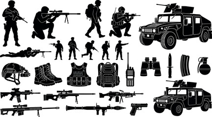 Obraz premium Set of black silhouettes of soldiers, military vehicles and equipment on a transparent background.