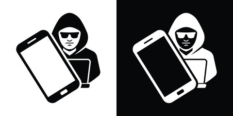 Cyber criminal hacking smartphone database. Hooded hacker character with laptop compromising a mobile phone vector icon. © bibin