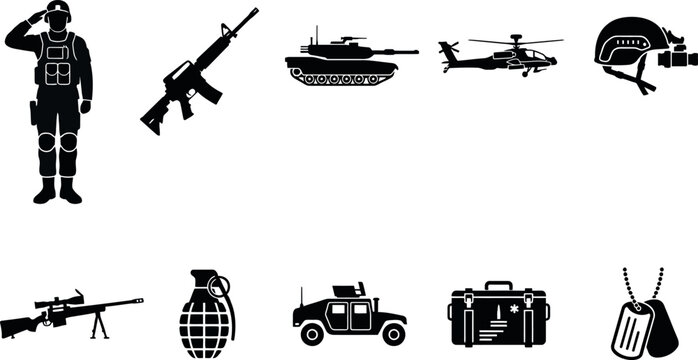 Military silhouette vector collection with soldier tank and tactical gear icons.