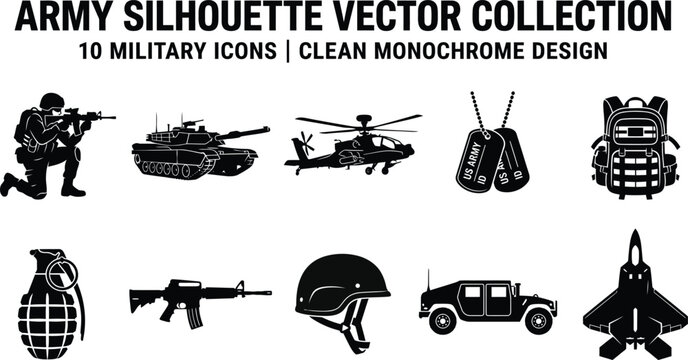 Army silhouette vector collection with ten military icons in clean monochrome design.