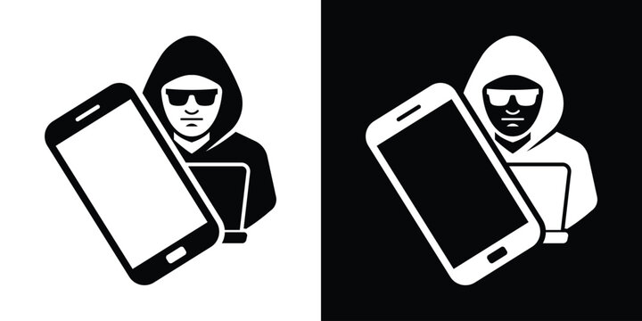 Cyber criminal hacking smartphone database. Hooded hacker character with laptop compromising a mobile phone vector icon.