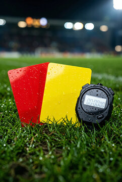 Red and yellow referee penalty cards with a digital stopwatch covered in rain drops on wet stadium grass under night lights. 🌧️⏱️