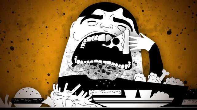man with an oversized mouth compulsively devouring junk food