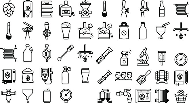 Craft Beer Brewery and Commercial Brewing Equipment Line Icon Set Featuring Fermentation Tanks Kegs Hops Mashing Tuns and Laboratory Testing Vector Illustrations