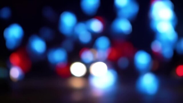 Soft blue and white bokeh lights creating an abstract nighttime scene with faint red accents