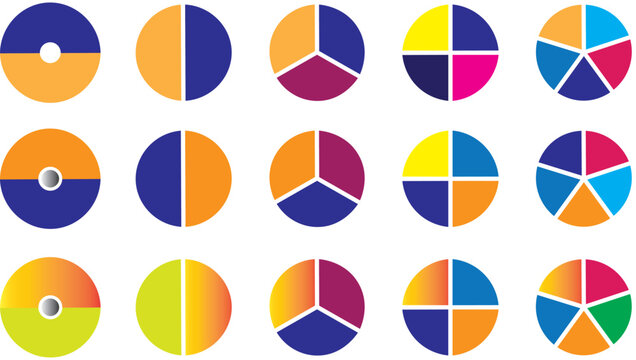 Pie chart set. Colorful diagram with 2,3,4,5 sections or steps. Pie charts diagrams, Progress sectors, vector-eps 