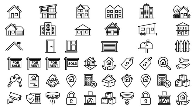 Thirty six house outline icons vector illustration with editable stroke for property and residential design