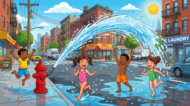 Happy diverse kids playing in fire hydrant water in city street with summer fun