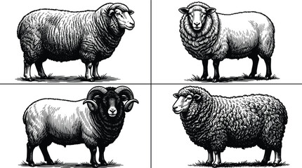 Vintage Linocut Sheep and Ram Vector Set with Detailed Woodcut Style Engravings for Organic Wool Packaging, Butchery Logos, and Farmhouse Craft Branding © MdGohurul