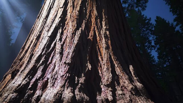Giant tree trunk texture with light rays and forest canopy in deep blue sky