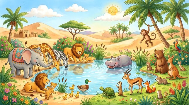 safari, animals, oasis, watering hole, pond, lake, desert, sand dunes, cartoon, cute, illustration, wild animals, wildlife, elephant, lion, giraffe, zebra, hippopotamus, monkey, gazelle, bear, kangaro