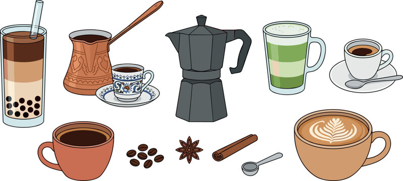Coffee cafe vector set with bubble tea boba moka pot turkish cezve matcha latte art espresso cups cinnamon and star anise spices