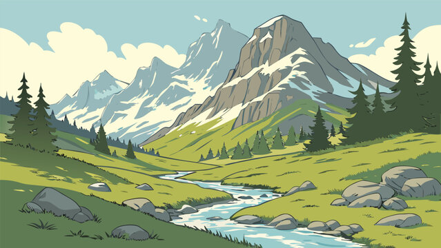 Breathtaking Mountain Valley Escape &ndash; Nature&rsquo;s Hidden ParadiseAdobe Illustrator Artwork