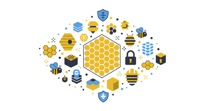 Cybersecurity and Data Protection Vector Illustration with Bee and Honeycomb Network Infrastructure