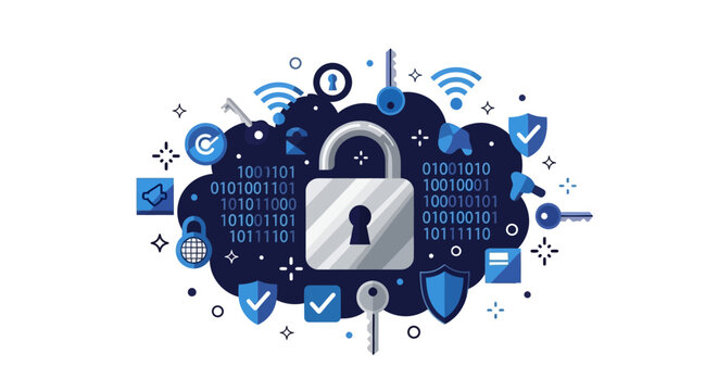 Cloud Computing Data Protection and Cyber Security Concept Illustration with Padlock, Binary Code, and Network Icons