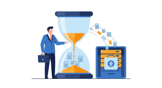 Businessman Managing Data Archiving and Time Management with Hourglass and Secure Server Storage Illustration