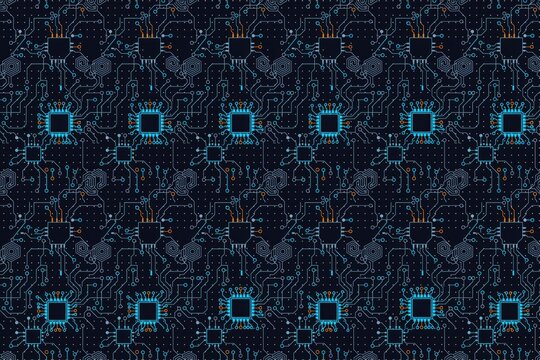 Intricate digital circuit board pattern with glowing blue square microchips and complex wiring lines on a dark navy blue background texture