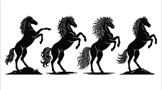 Rearing Black Horse Silhouette Vector Set with Majestic Stallions for Equestrian Logos, Mustang Ranch Branding, Heraldic Emblems, and Wild Animal Graphic Designs