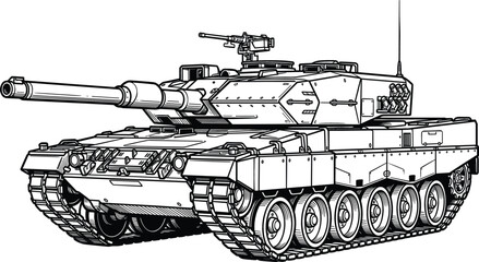 Military Main Battle Tank Line Art Vector for Coloring Books, Army Vehicle Outlines, War Gaming Graphics, and Detailed Silhouette Tactical Illustrations © MdGohurul