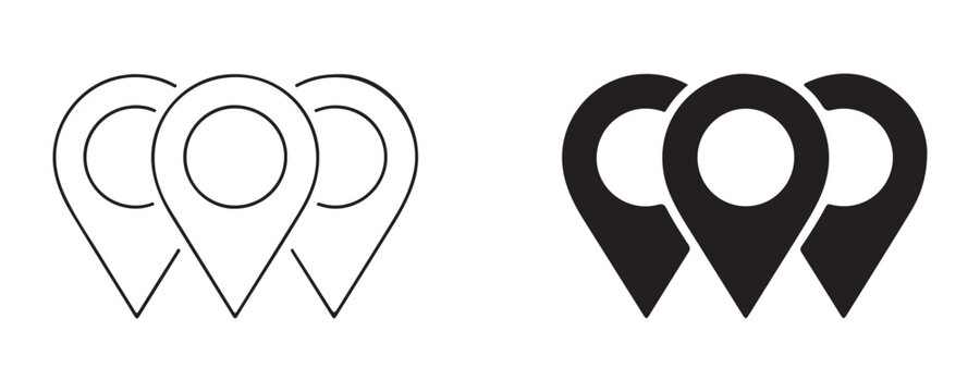 Group of outline and solid black map pointers, location pins, navigation and travel vector icons.