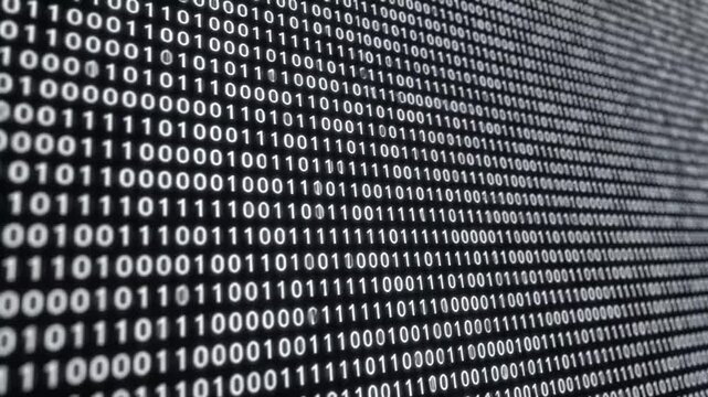 Binary code numbers flowing on curved dark surface.