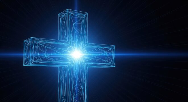 Glowing digital wireframe Christian cross icon illustration