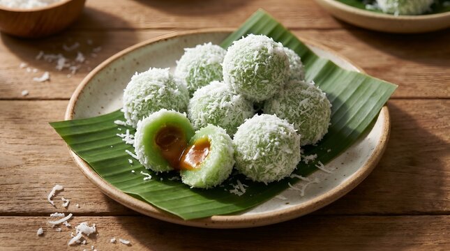 Traditional Indonesian Klepon Sweet Rice Balls Coated with Shredded Coconut on Banana Leaf