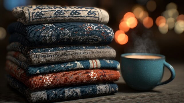A pile of neatly folded Christmas sweaters and scarves, next to a steaming cup of tea, ready for gifting,