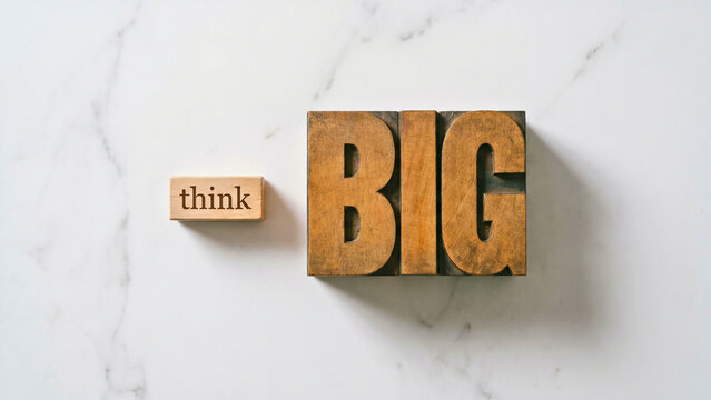 Small and large wooden blocks spelling think BIG on marble surface size contrast overhead, ambition scale concept, big picture thinking, growth aspiration business