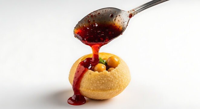 Gourmet presentation of Indian pani puri snack being prepared with tangy tamarind water drizzle.
