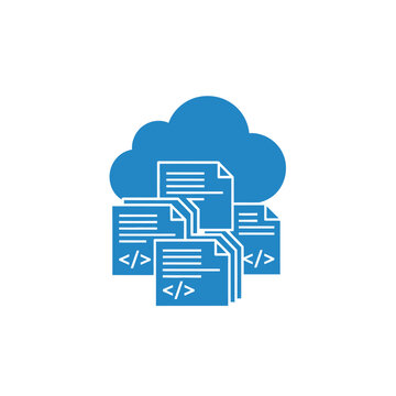 Cloud icon with multiple programming code document symbols.