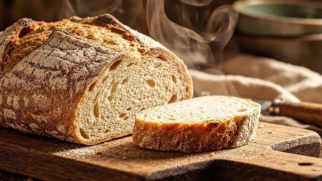 Freshly Baked Artisan Sourdough Bread Loaf With Steam Rising On A Rustic Wooden Cutting Board Perfect For A Healthy Homemade Breakfast Or Bakery Display