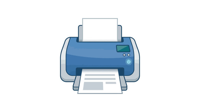 Modern blue printer machine printing a document on white background